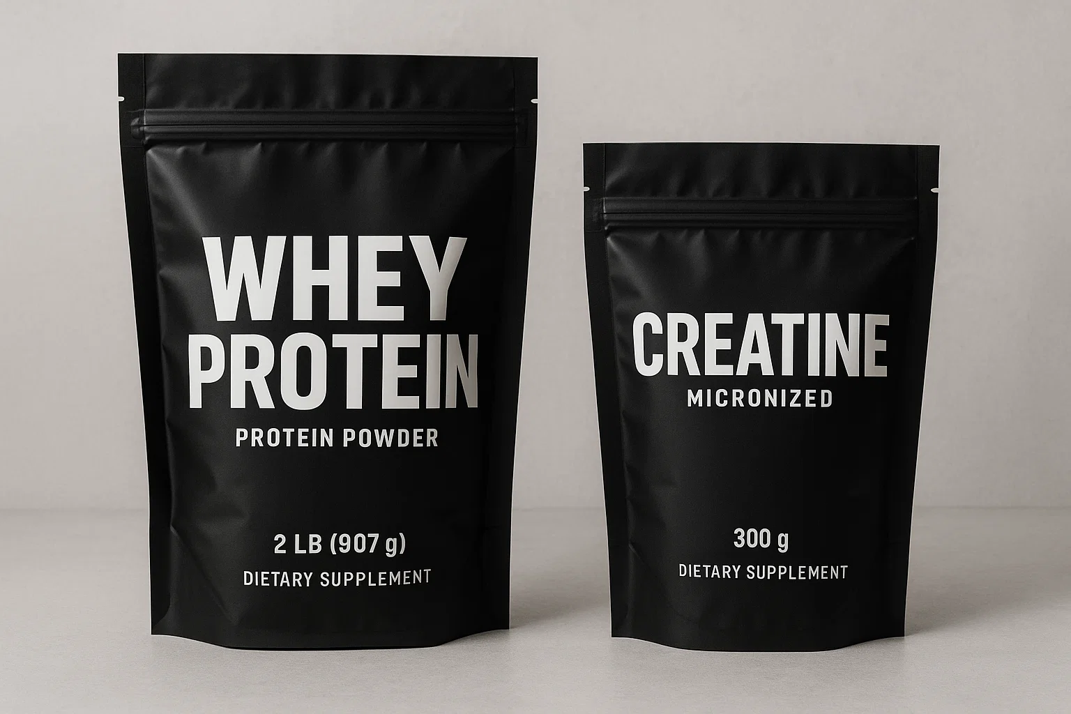 Embalagens de suplementos como whey e creatina